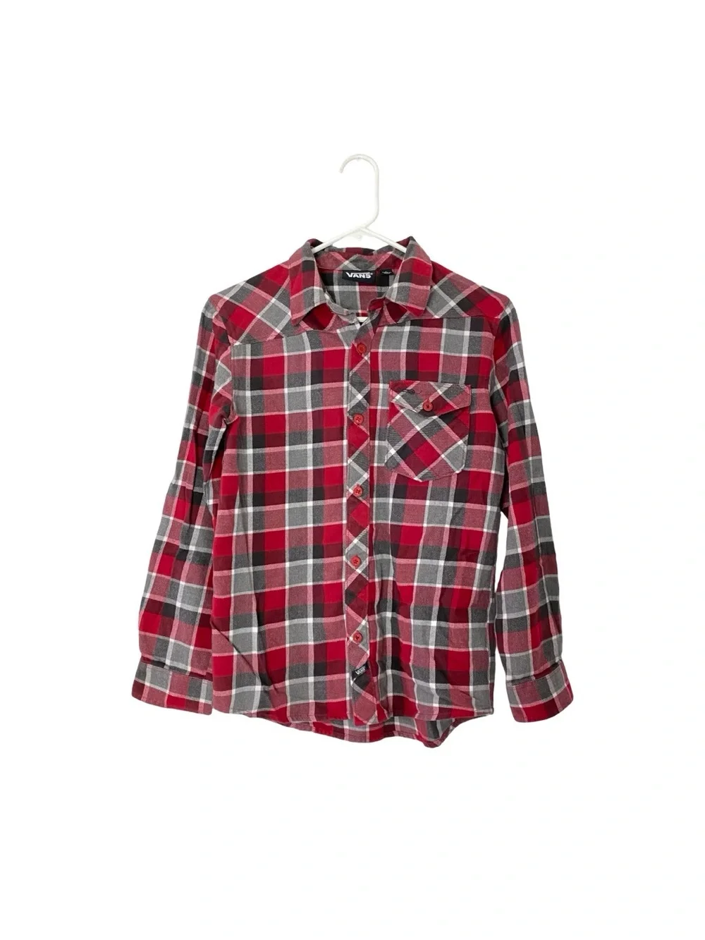 Vans Flannel Button Down Shirt Kids Boys Size Large Youth Red Gray Long Sleeve